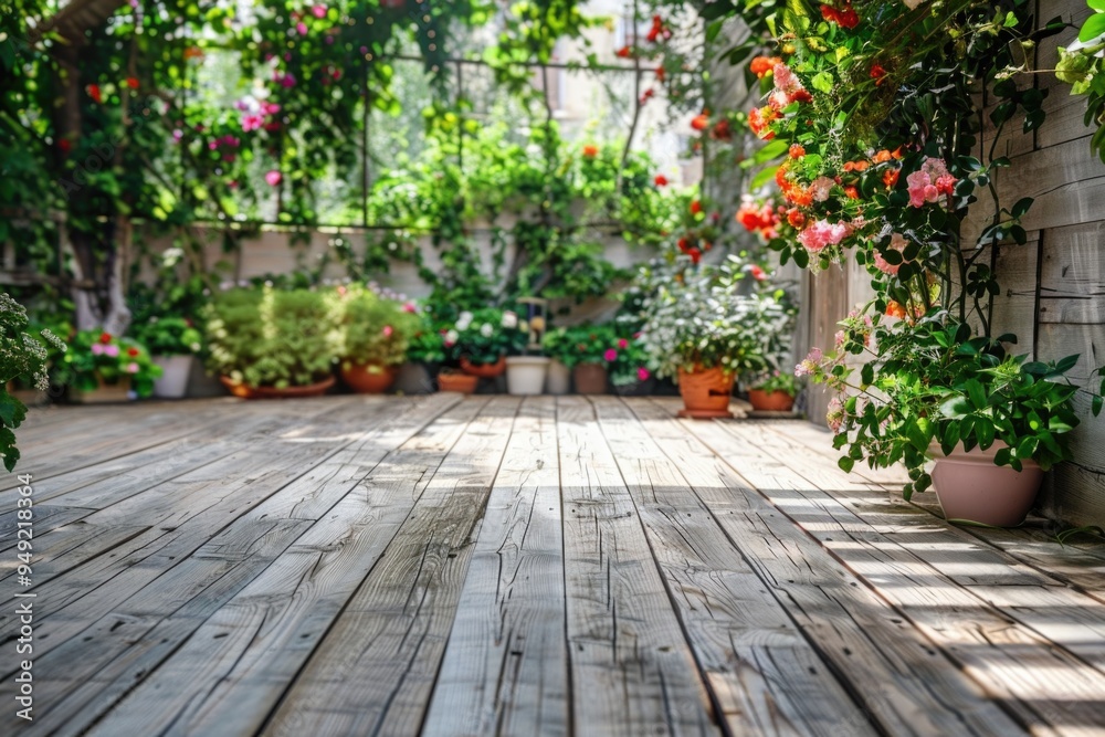 A wooden deck surrounded by numerous potted plants, great for indoor or outdoor use