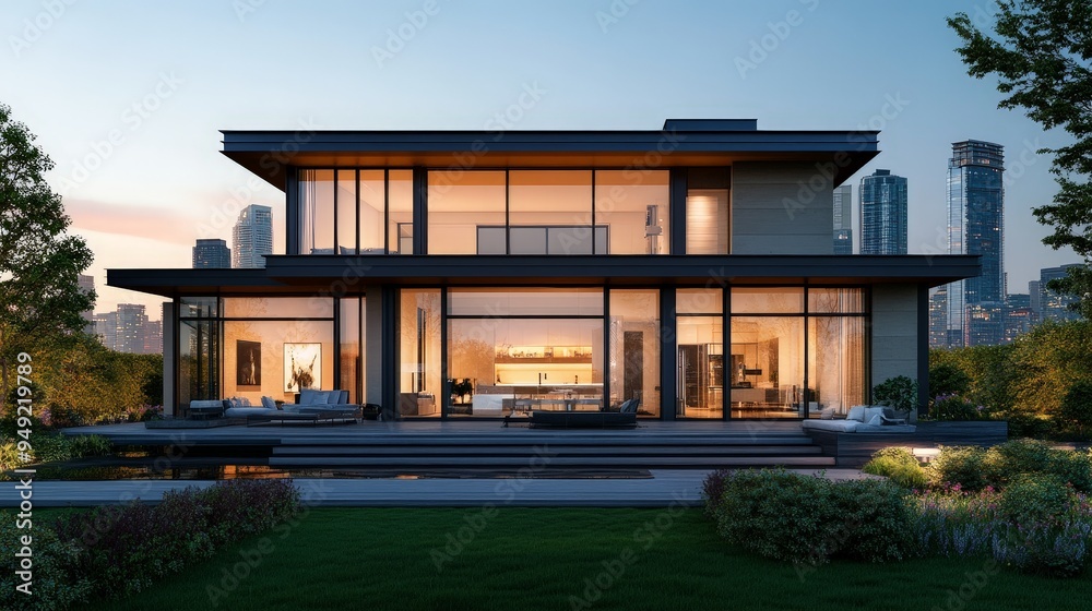 modern urban house with sleek lines, large glass windows, and a rooftop terrace.