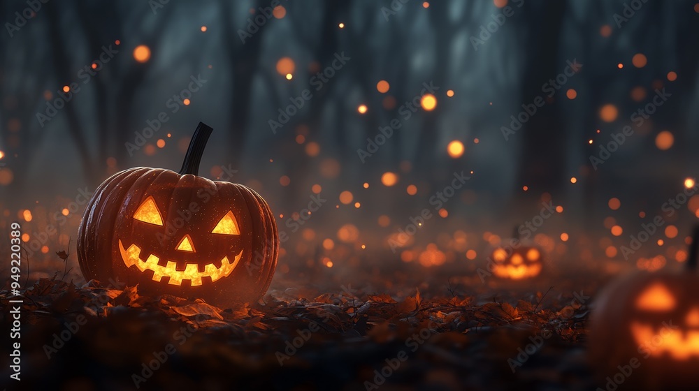 Fototapeta premium Glowing jack-o'-lanterns lit in a spooky forest setting, surrounded by glowing orbs and autumn leaves, perfect for Halloween.