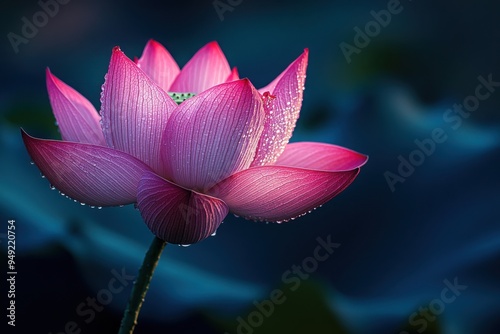 Pink lotus flower with dewdrops in soft light