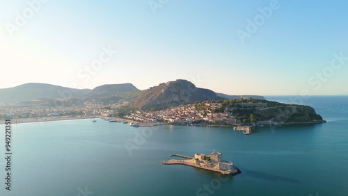 greece peloponnese region old capital nafplio aerial view with sunrise and sunset lights