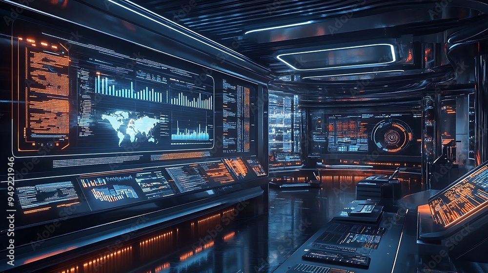 Obraz premium High-Tech Business Analytics Center with AI-Driven Data Visualizations and Predictive Analytics, Advanced and Data-Driven Environment, Photo Realistic