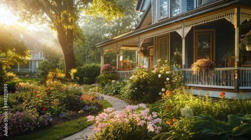 visual of a quaint bed and breakfast with charming architectural details like a wrap-around porch, flower-filled garden, and cozy exterior.