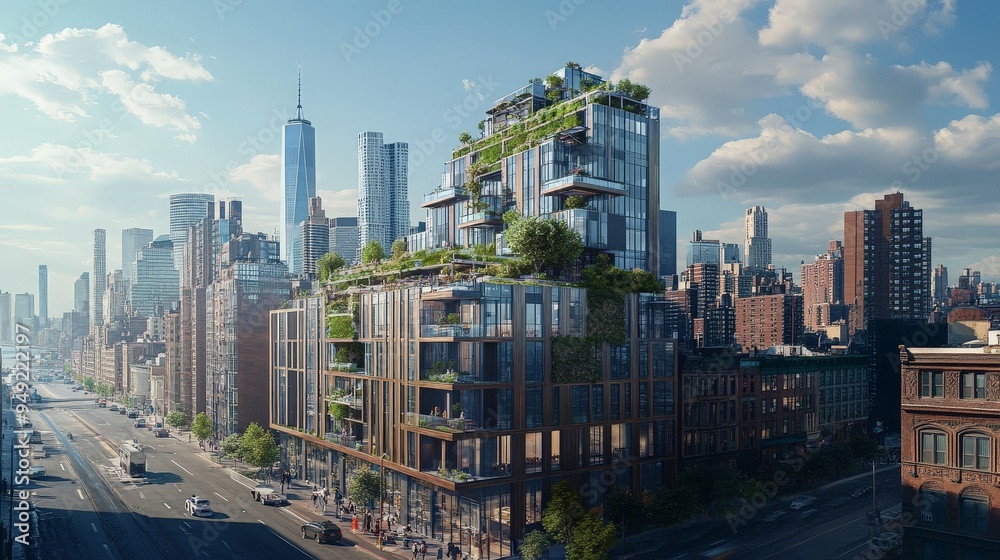Obraz premium visual of a sleek, urban apartment building with innovative design features, such as green roofs and modern facades.