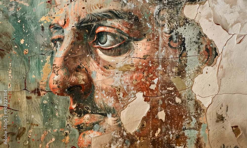 Peeling fresco of classical art reveals the layers of history and time