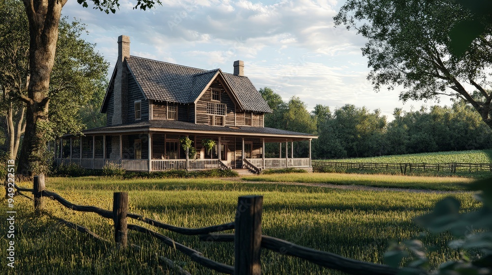 visual of a traditional farmhouse with a rustic design, including wooden beams, a spacious porch, and surrounding farmland. visual of a traditional farmhouse with a rustic design, including wooden beams, a spacious porch, and surrounding farmland.