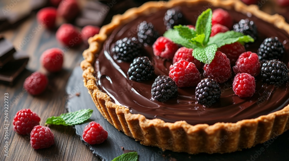 visually stunning chocolate tart with a crisp crust, creamy chocolate filling, and elegant decorations like fresh berries or mint leaves. visually stunning chocolate tart with a crisp crust, creamy chocolate filling, and elegant decorations like fresh berries or mint leaves.