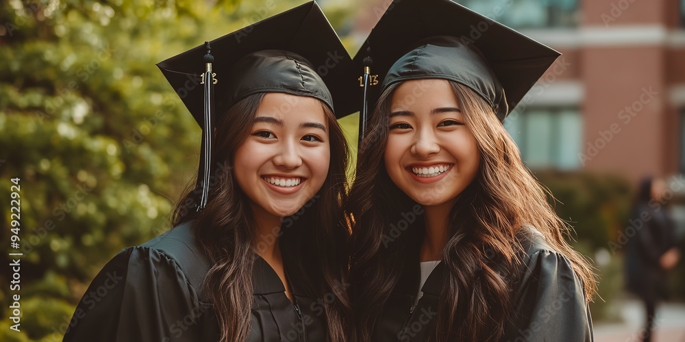 Obraz premium Two Asian female graduates celebrate graduation day, smiling and posing for photo. Fictional Character