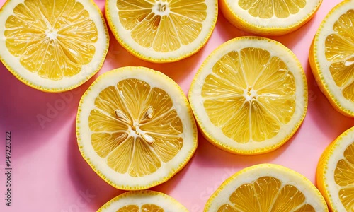 Bright yellow lemon slices arranged on a soft pink background photo