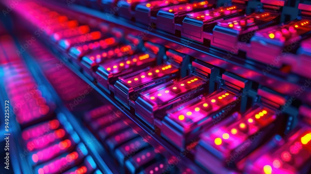 Neon-lit Server Rack with Glowing Data Storage Units Neon-lit Server Rack with Glowing Data Storage Units