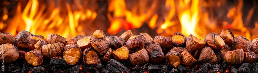 Roasted chestnuts placed over hot embers, surrounded by flames, creating a cozy and inviting atmosphere for winter delight. Roasted chestnuts placed over hot embers, surrounded by flames, creating a cozy and inviting atmosphere for winter delight.