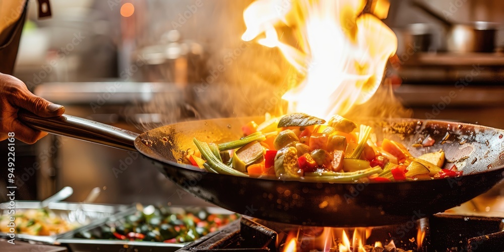 Chef cooking vegetable stir fry in a wok over an open flame in a professional kitchen Chef cooking vegetable stir fry in a wok over an open flame in a professional kitchen