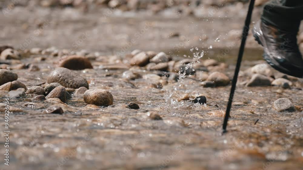 Close-up view of male hiker traveler in trekking shoes walks crossing mountain river. Man wearing hiking boots steps on stones in water stream on sunny day. Active people travel concept slow motion Close-up view of male hiker traveler in trekking shoes walks crossing mountain river. Man wearing hiking boots steps on stones in water stream on sunny day. Active people travel concept slow motion