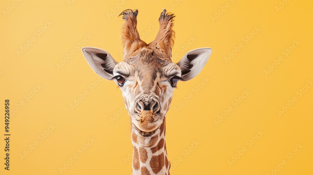 Obraz premium A giraffe with a serious expression on a yellow background.