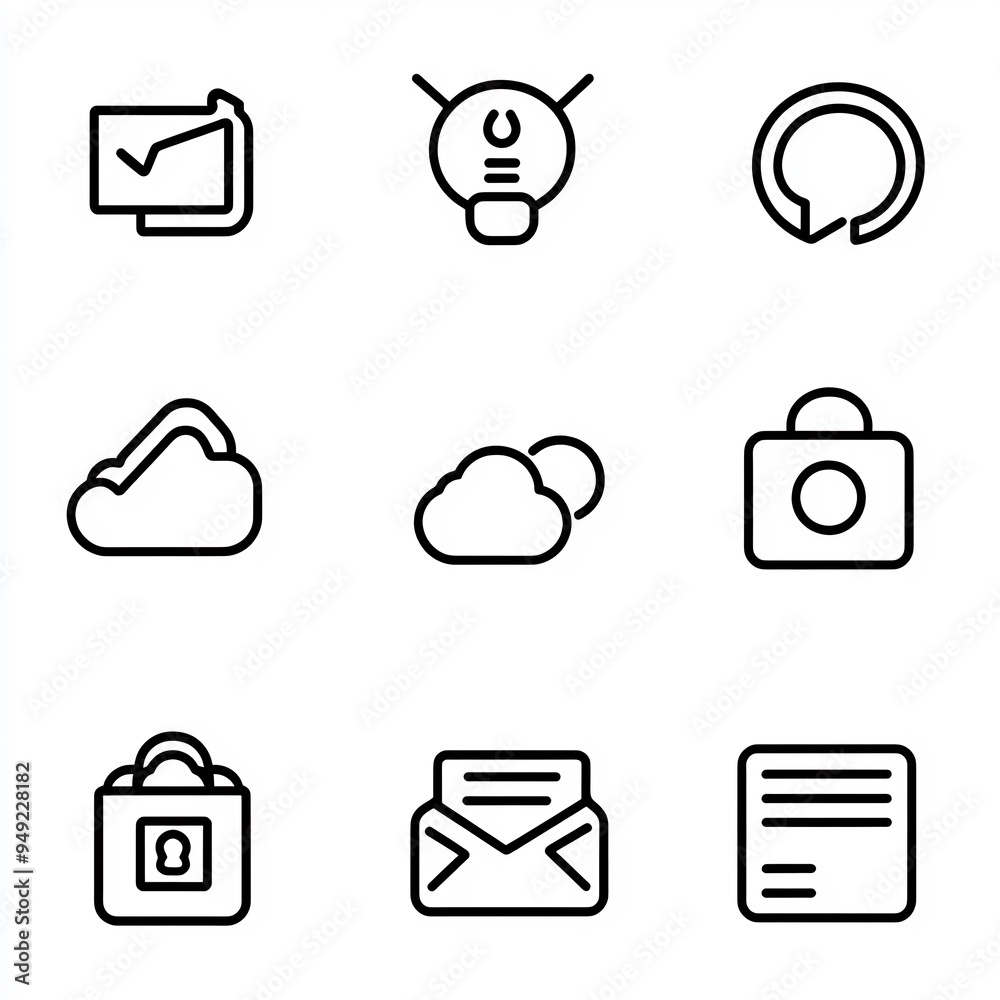 Each icon simplified to basic geometric shapes and lines using a uniform stroke width Each icon simplified to basic geometric shapes and lines using a uniform stroke width