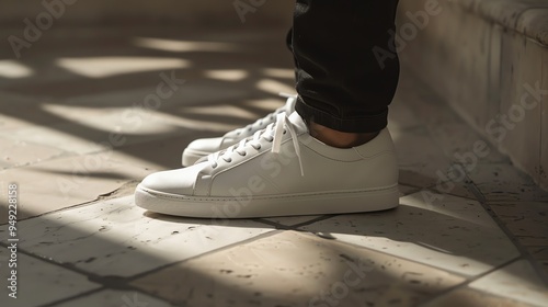 White sneakers worn by a person in jeans on a tiled floor.