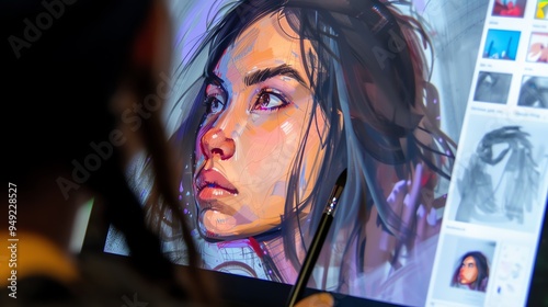 An artist is using a stylus to draw on a digital drawing tablet, with a laptop and a stack of art supplies in the foreground.