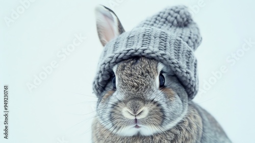 A gray bunny with a gray knit hat looks directly at the camera. photo