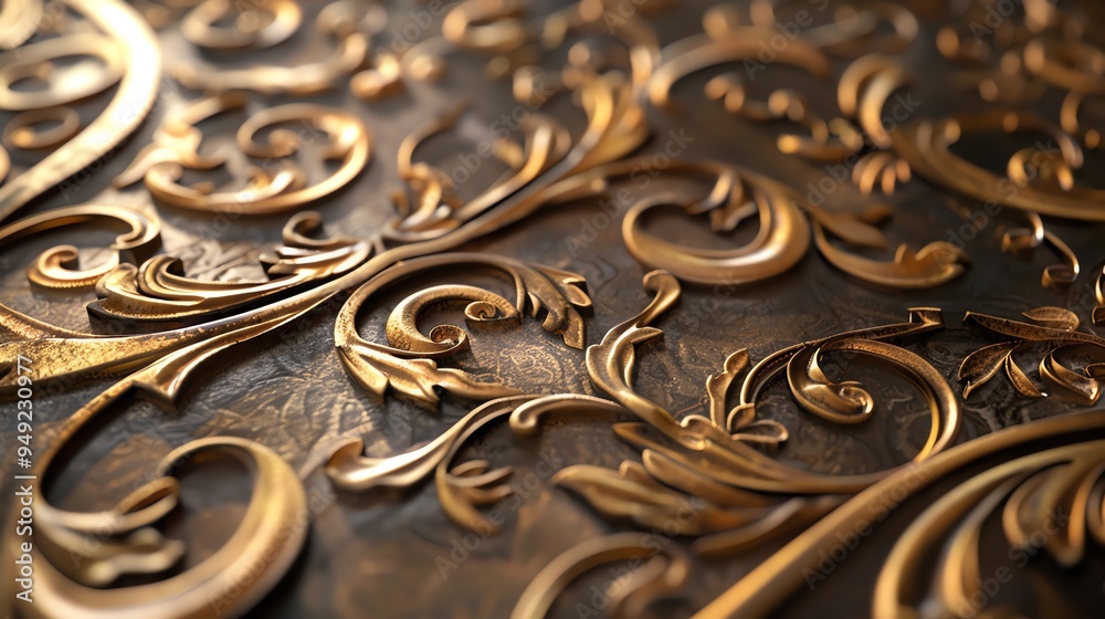 Ornate gold scrollwork pattern on dark brown background. Ornate gold scrollwork pattern on dark brown background.