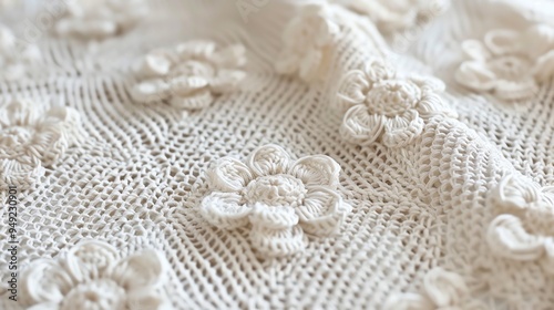 A close up of a knitted fabric with floral embellishments.