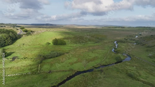 West Dart River over Two Bridges from a drone, Yelverton, Dartmoor National Park, Devon, England