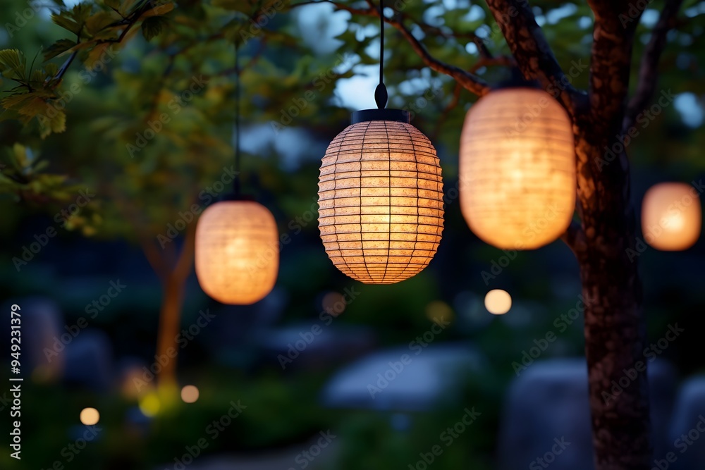 Obraz premium Glowing Paper Lanterns Suspended in Tranquil Japanese Inspired Garden Setting