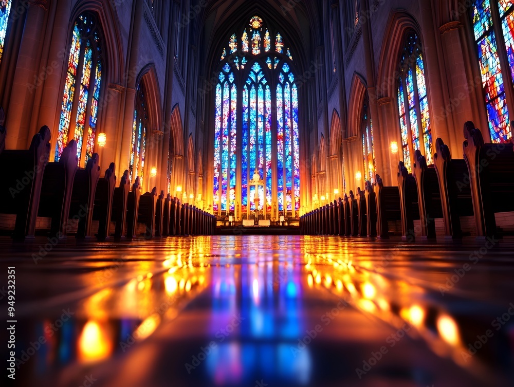 Intricate Stained Glass Windows Bathing Cathedral Interior in Shimmering Rainbow Hues for Spiritual Ambiance