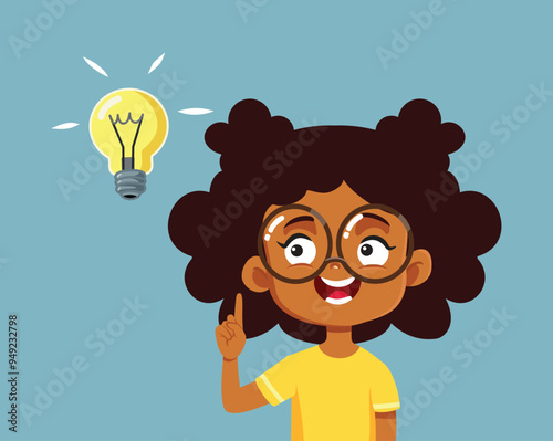 Happy Smart  Student Girl Pointing to a Light Bulb Vector Illustration. Cheerful schoolgirl feeling positive about her new idea 
