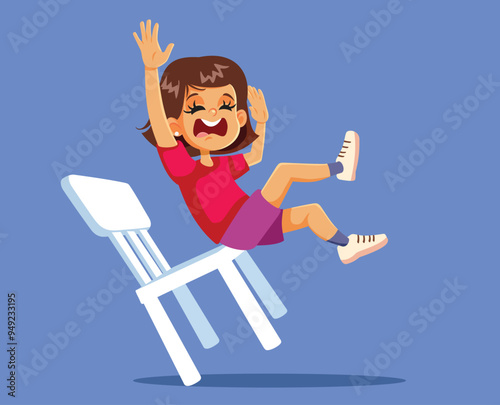 Little Girl Falling from a Chair Having an Accident Vector Illustration. Unsupervised kid having accidental traumatic experience 
