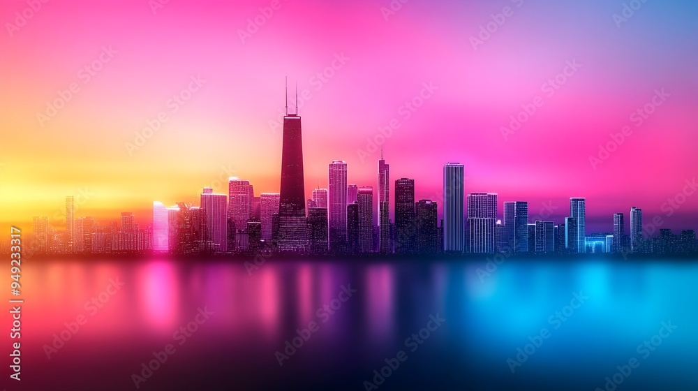 Obraz premium Glowing Cityscape Silhouette at Dusk Capturing Urban Transition