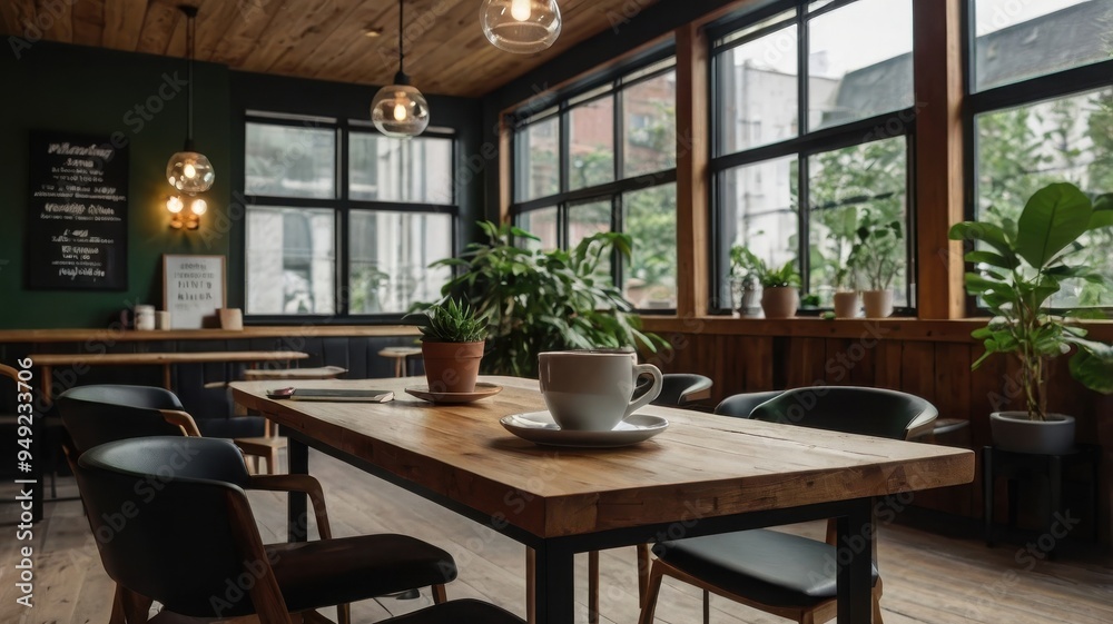 Modern, cozy coffee shop interior with a focus on a wooden table
Modern, cozy coffee shop interior with a focus on a wooden table