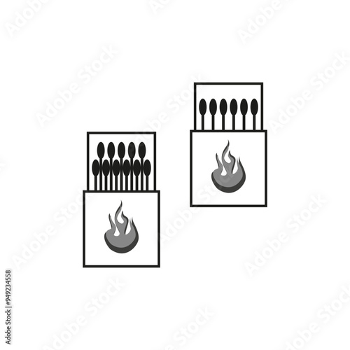 Matchbox icon set. Black and white flame symbol. Two matchboxes with fire. Vector illustration.