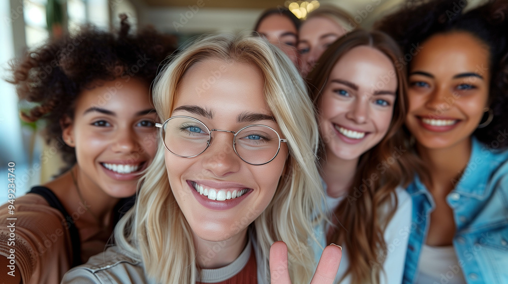 Fototapeta premium Happy Selfie Break: Female Economists, Students, and Lawyers in Relaxed Clothing Celebrate with a Joyful Group Selfie.