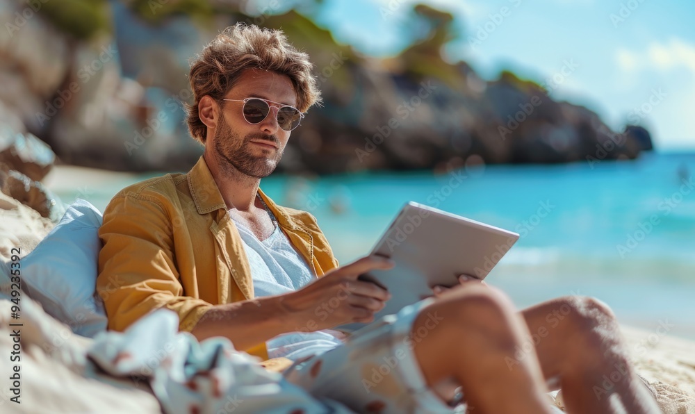 Beachside productivity - a man on beach with electronic device, illustrating the concept of remote work and passive income, blending relaxation with modern work flexibility and financial independence. Beachside productivity - a man on beach with electronic device, illustrating the concept of remote work and passive income, blending relaxation with modern work flexibility and financial independence.