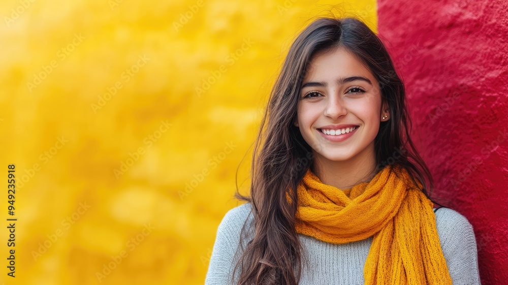 Smiling woman with long dark hair, yellow scarf, and casual attire against vibrant red background Smiling woman with long dark hair, yellow scarf, and casual attire against vibrant red background