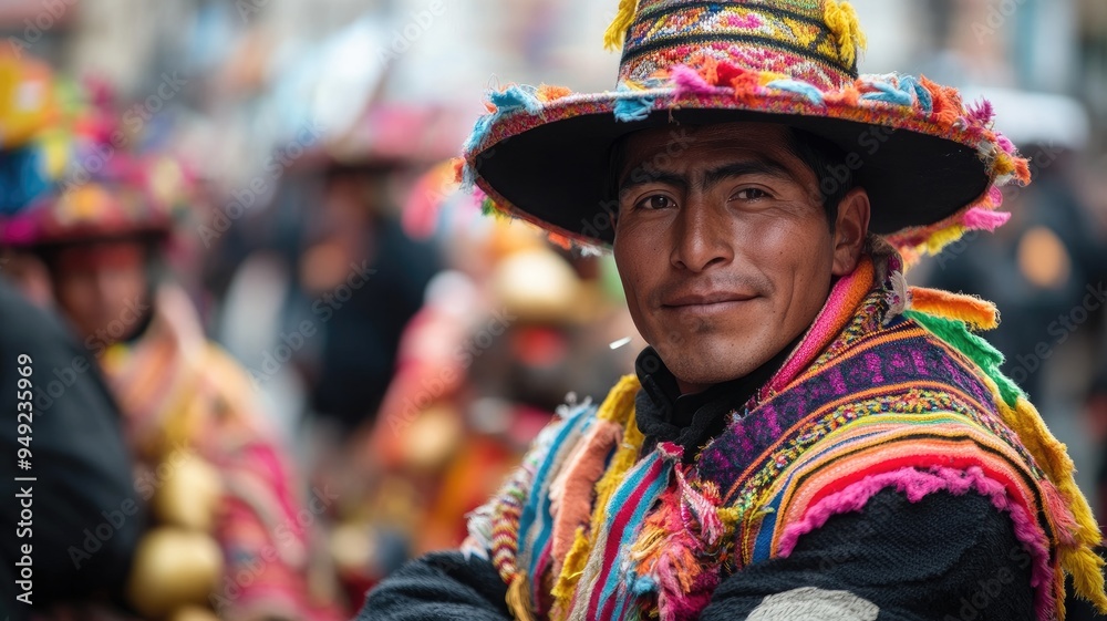 Smiling man in colorful traditional attire with vibrant hat