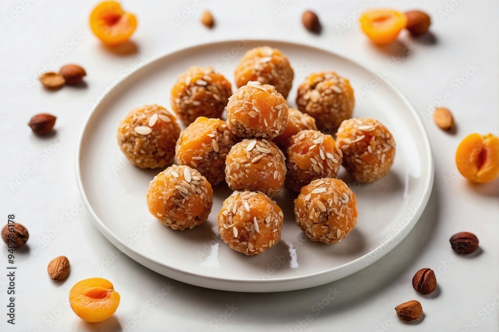 Apricot Energy Balls: Overhead view of apricot energy balls arranged on a plain white plate, highlighting the textures of the apricots and nuts. Apricot Energy Balls: Overhead view of apricot energy balls arranged on a plain white plate, highlighting the textures of the apricots and nuts.
