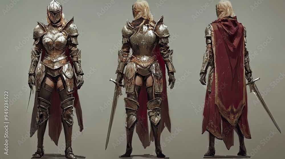 Female Knight in Full Plate Armor and Red Cape Female Knight in Full Plate Armor and Red Cape