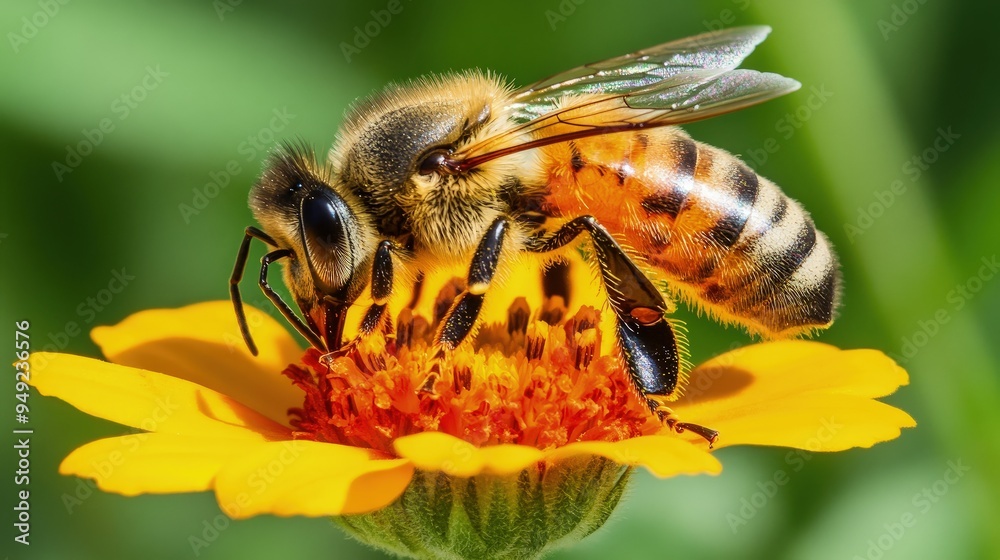 Bee pollinating a wildflower, close-up of wings, flower petals, sunny meadow background Bee pollinating a wildflower, close-up of wings, flower petals, sunny meadow background