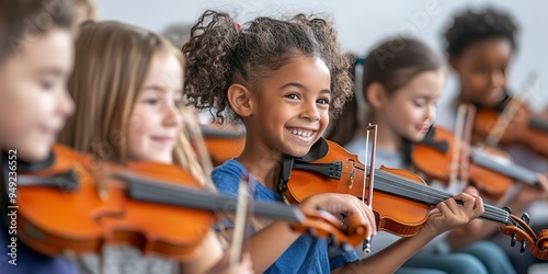 Wallpaper Mural Diverse group of elementary school students happily playing string instruments during music lesson  Torontodigital.ca