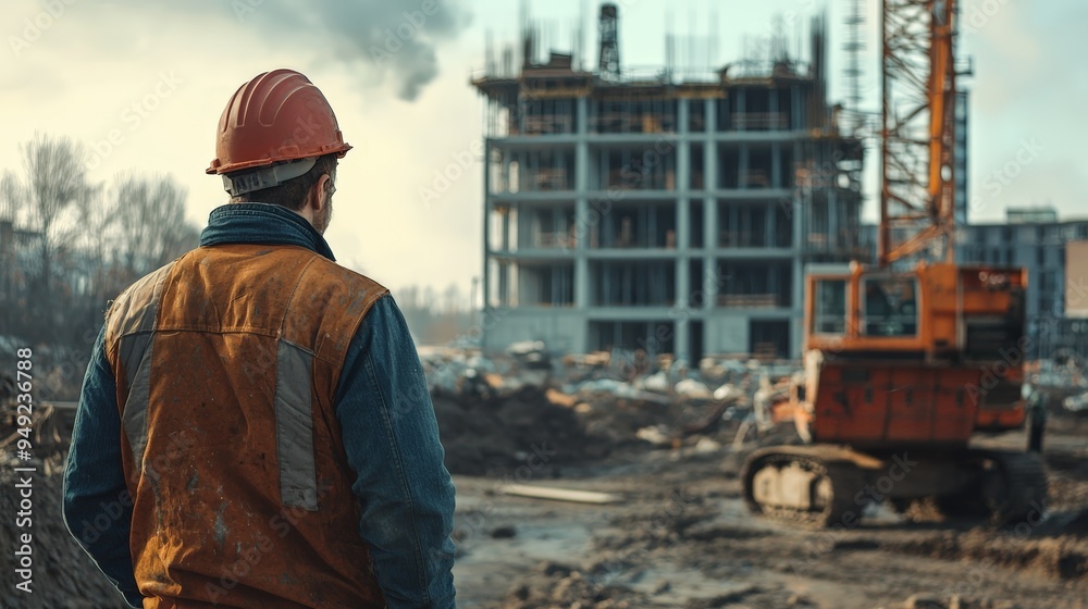 Construction Worker Overseeing Building Site with Heavy Machinery Construction Worker Overseeing Building Site with Heavy Machinery