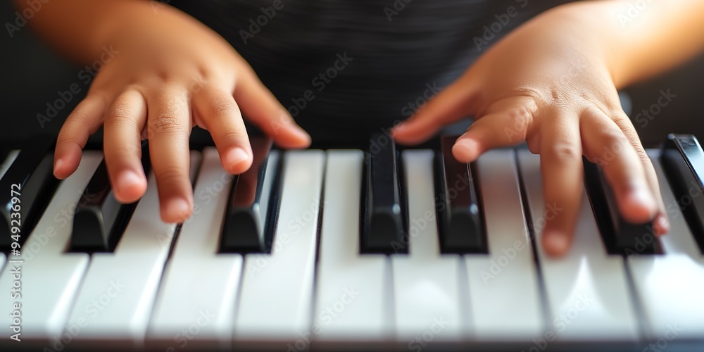 Obraz premium Close up view of kid hands playing on piano keyboard