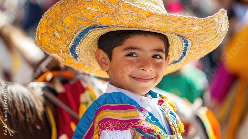 Smiling Latin boy in vibrant traditional attire and hat at cultural celebration