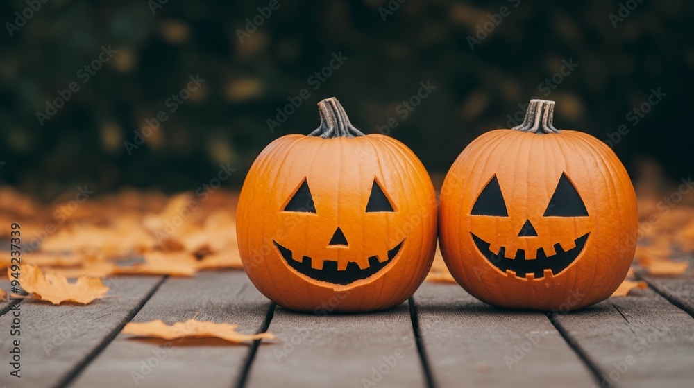 Two cheerful pumpkins with carved faces, surrounded by fallen leaves, celebrating the festive spirit of Halloween. Two cheerful pumpkins with carved faces, surrounded by fallen leaves, celebrating the festive spirit of Halloween.