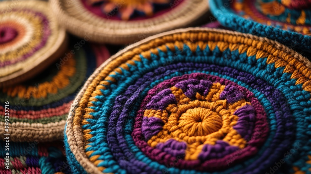 Colorful handmade crochet coasters with intricate circular patterns Colorful handmade crochet coasters with intricate circular patterns