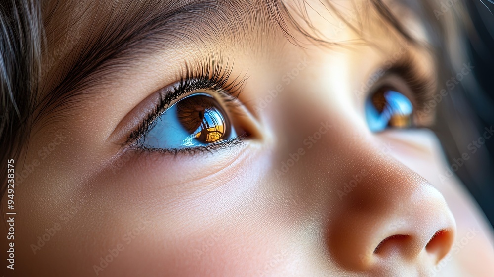 Child’s face with a serious expression, looking straight ahead, blurred background Child’s face with a serious expression, looking straight ahead, blurred background