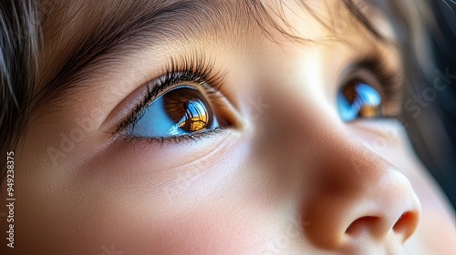 Childâ€™s face with a serious expression, looking straight ahead, blurred background