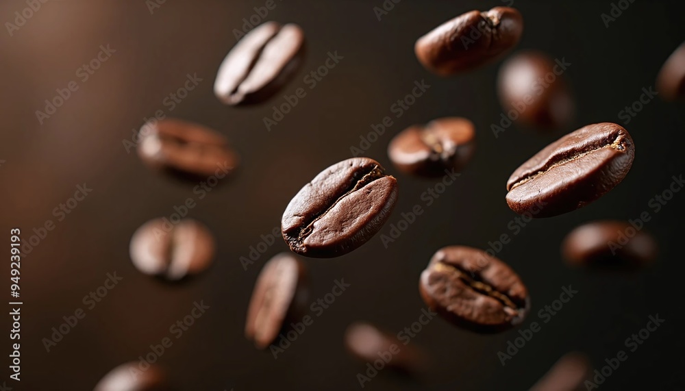 Fototapeta premium Flying Coffee Beans on Dark Background