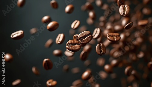 Flying Coffee Beans on Dark Background