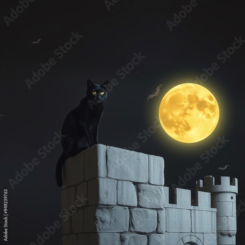  Black cat in the night on a castle wall with full moon and bats